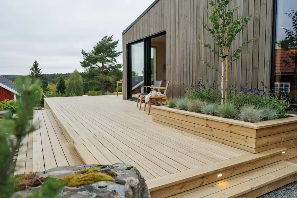 byggd altan med integrerad plantering och belysning i r n s rimbo