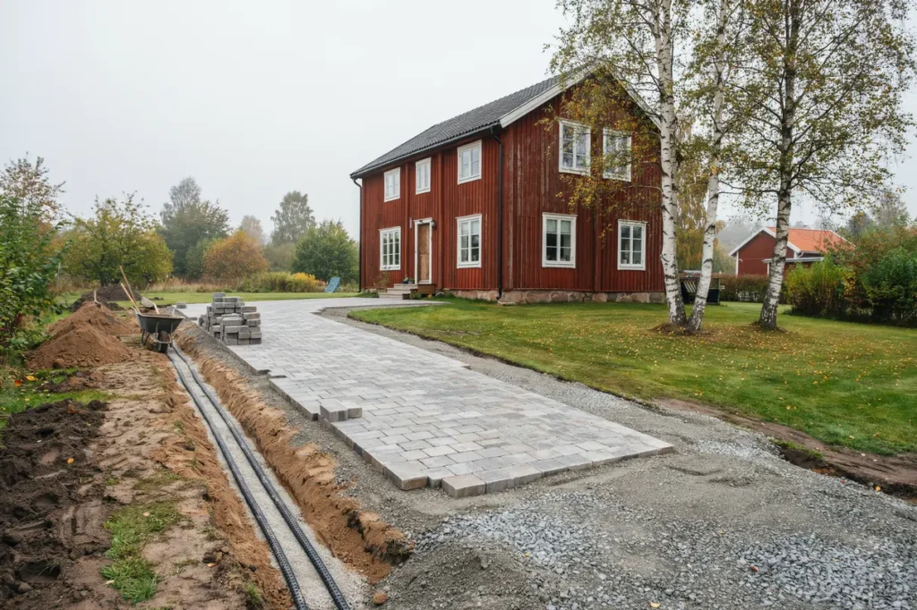 planera stenlagd uppfart och markarbete runt huset