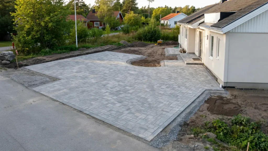 stensatt infart och markarbete runt hus i rimbo kyrkby